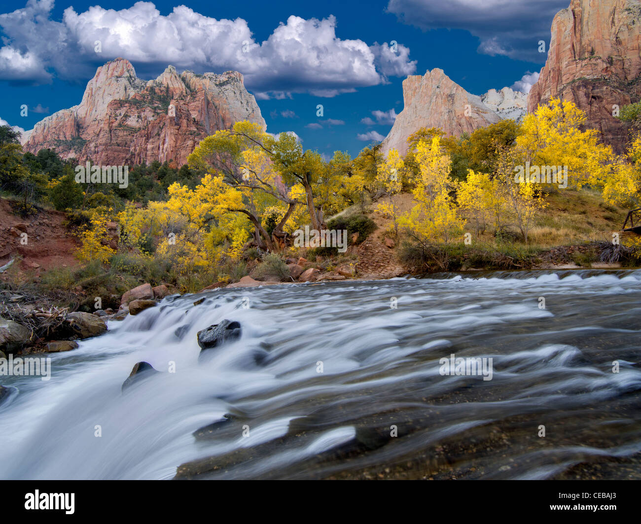 Court of the Patriarchs and Virgin River waterfall and fsll color. Zion National Park, Utah Stock Photo