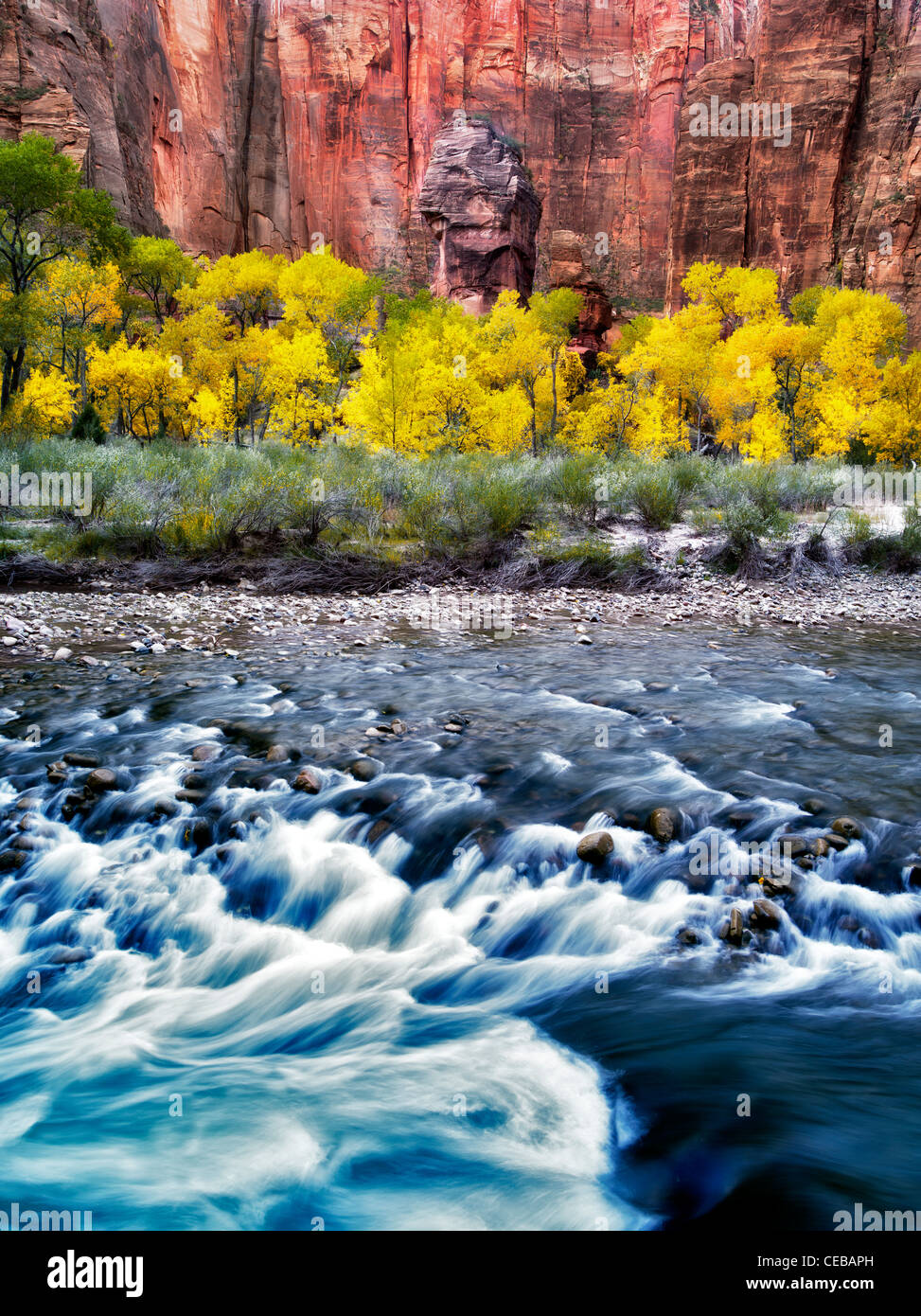The Pulpit and fall color with the Virgin River at the Temple of Sinawava. Zion National Park, Utah Stock Photo
