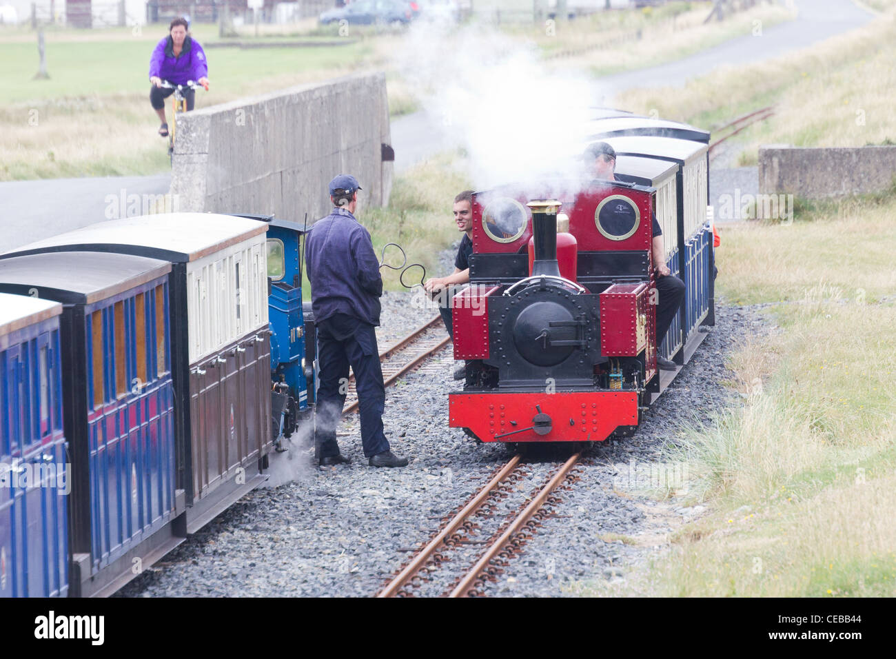 steam Trains crossing on the Fairbourne Steam Railway Stock Photo