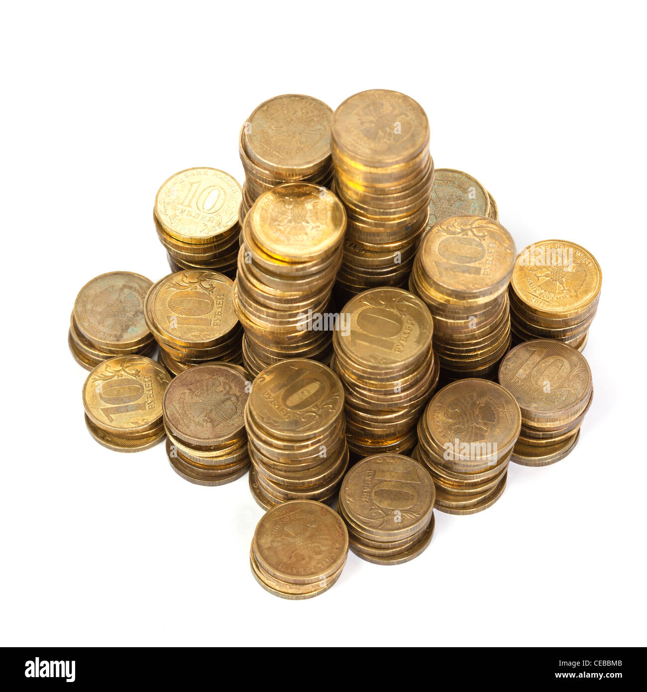 Stack of golden coins from top view on white background Stock Photo - Alamy