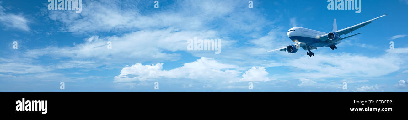 Jet in a sky. Panoramic composition in high resolution. Stock Photo