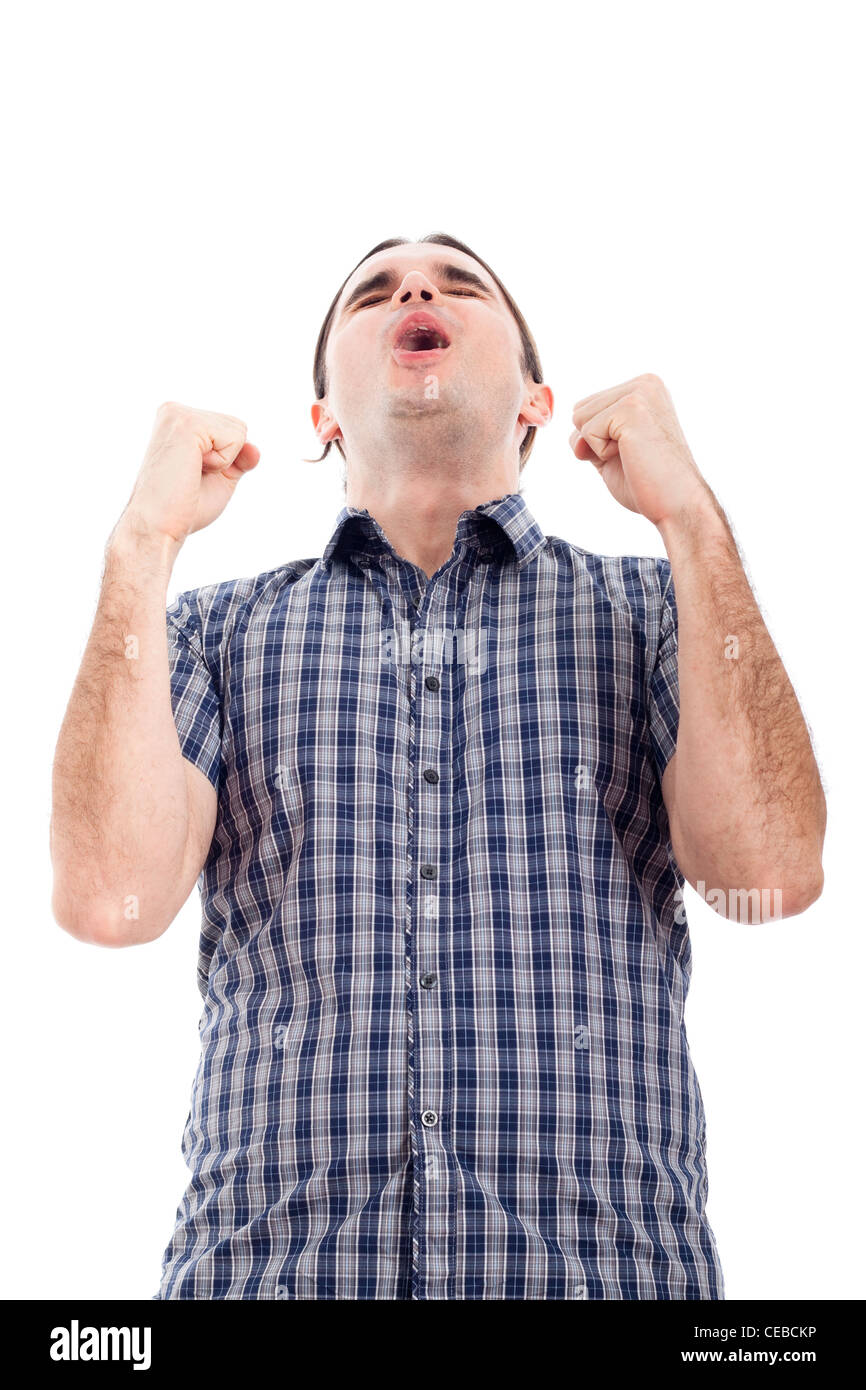 Happy excited successful man, isolated on white background. Stock Photo