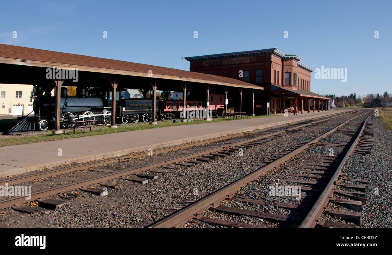 Train tracks in front of the Depot Museum in the former Duluth and Iron Range Railroad Depot in Two Harbors, Minnesota Stock Photo