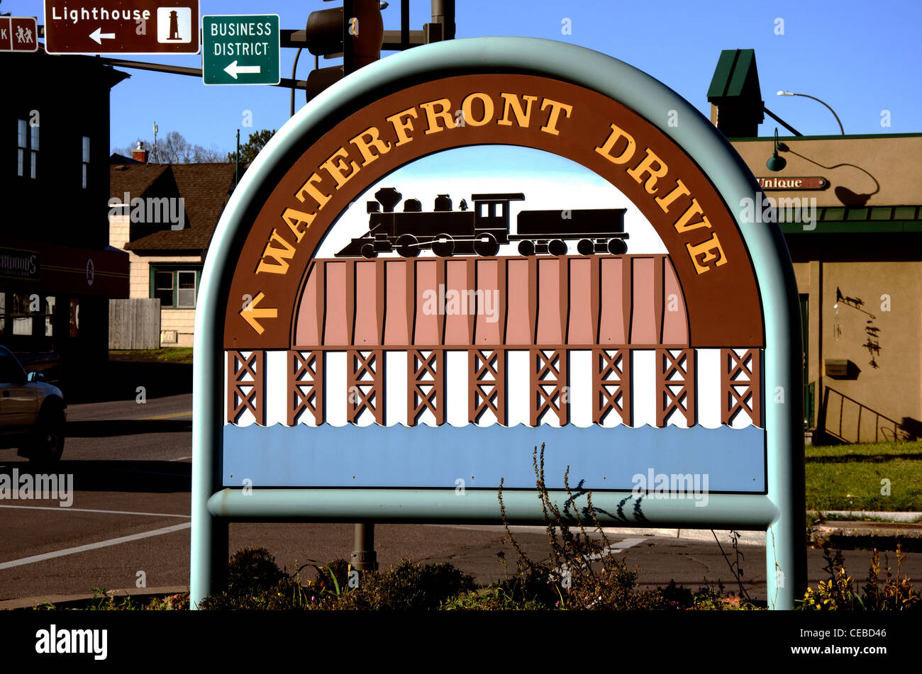Sign for Waterfront Drive in Two Harbors, Minnesota Stock Photo