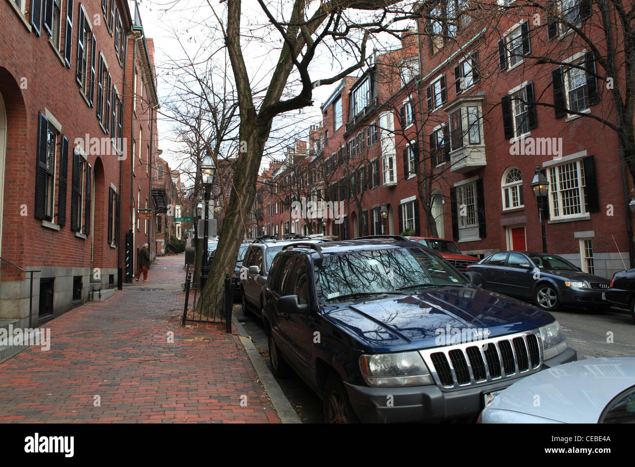 Cars parked on narrow street in downtown Boston, Massachusetts, USA
