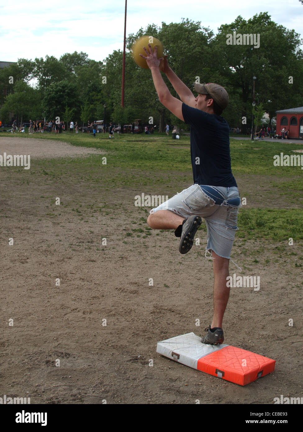 Adult kickball, a popular sport among young hipsters, McCarren Park, Brooklyn, New York Stock