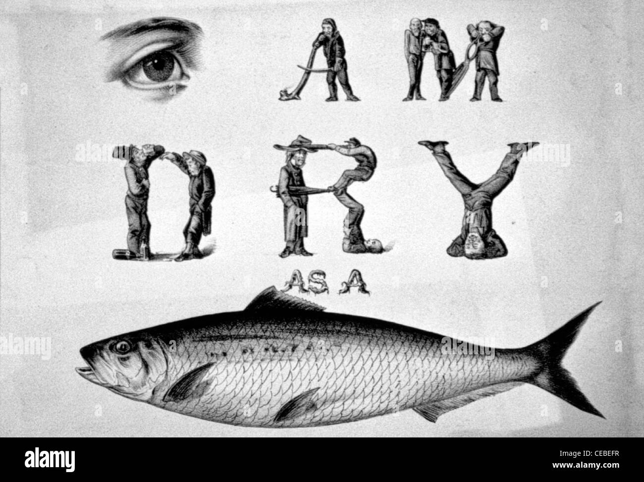 I am dry as a fish Illustration using eye for I and a fish for fish Stock Photo