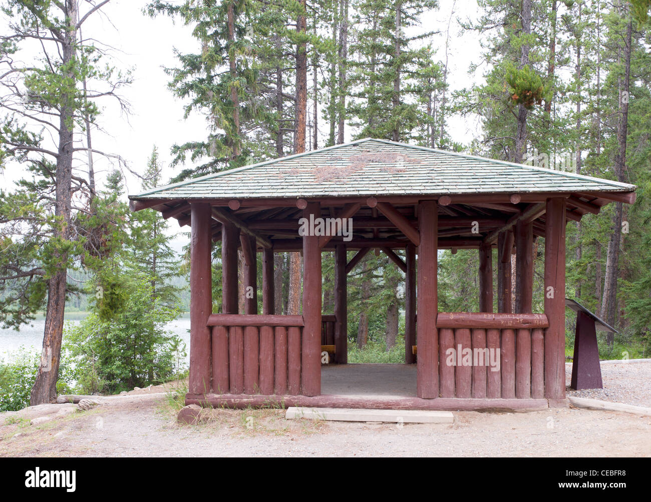 Rustic picnic shelter (1933) on Pyramid Lake Island, Jasper National