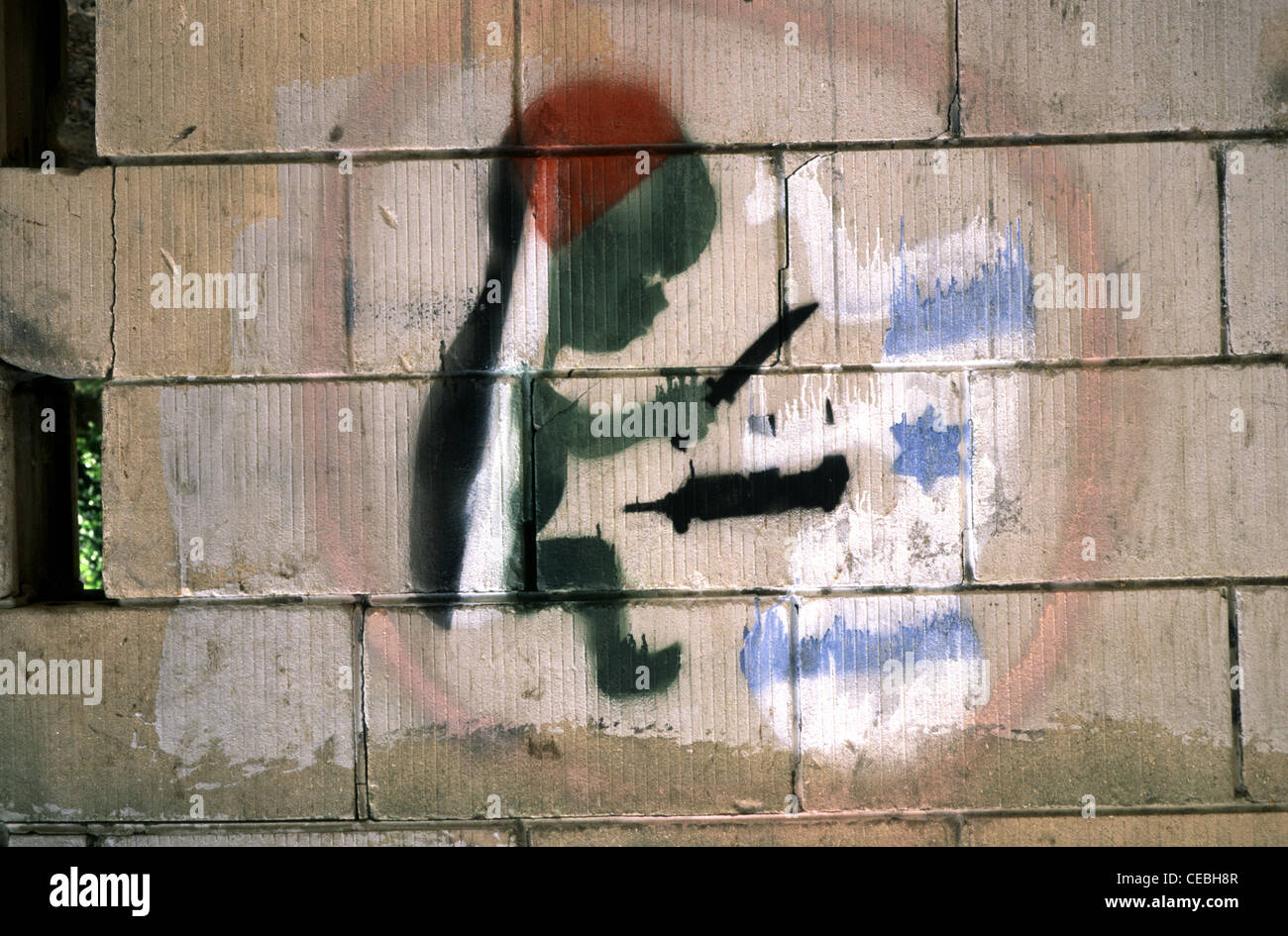 Cryptic drawing which depicts Israel Palestine conflict on a wall in Israel Stock Photo