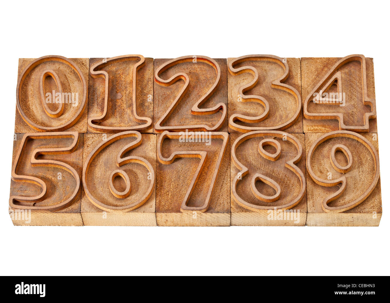 ten numbers from zero to nine in isolated vintage wood letterpress outlined printing blocks Stock Photo