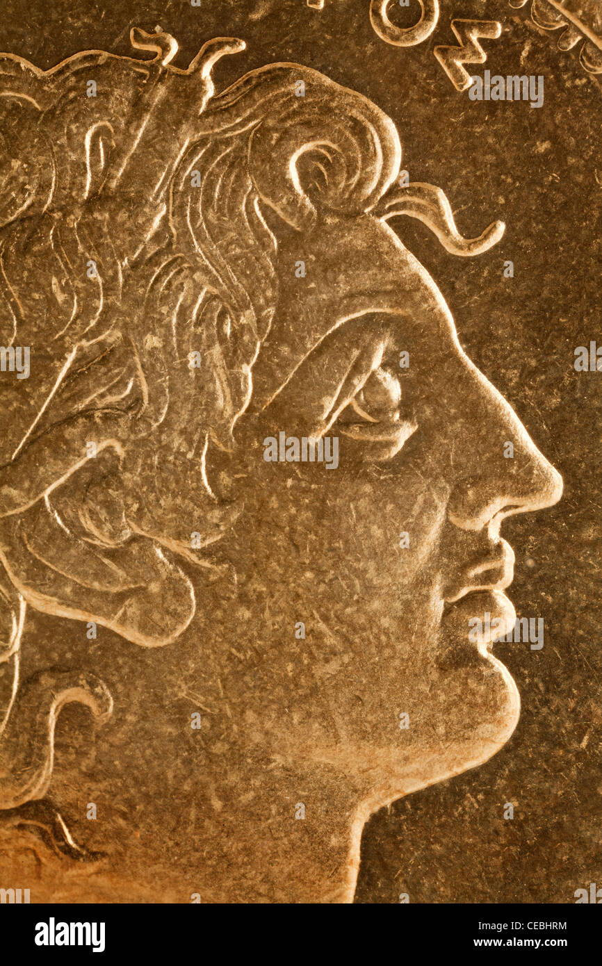 Alexander the Great profile portrait, Greek king of Macedon - magnified detail from old scratched coin Stock Photo