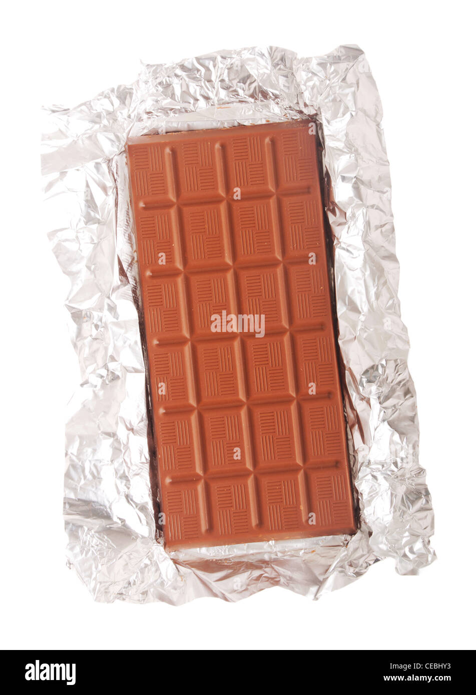 crispy rice chocolate bar on tin foil (isolated on white background) Stock Photo