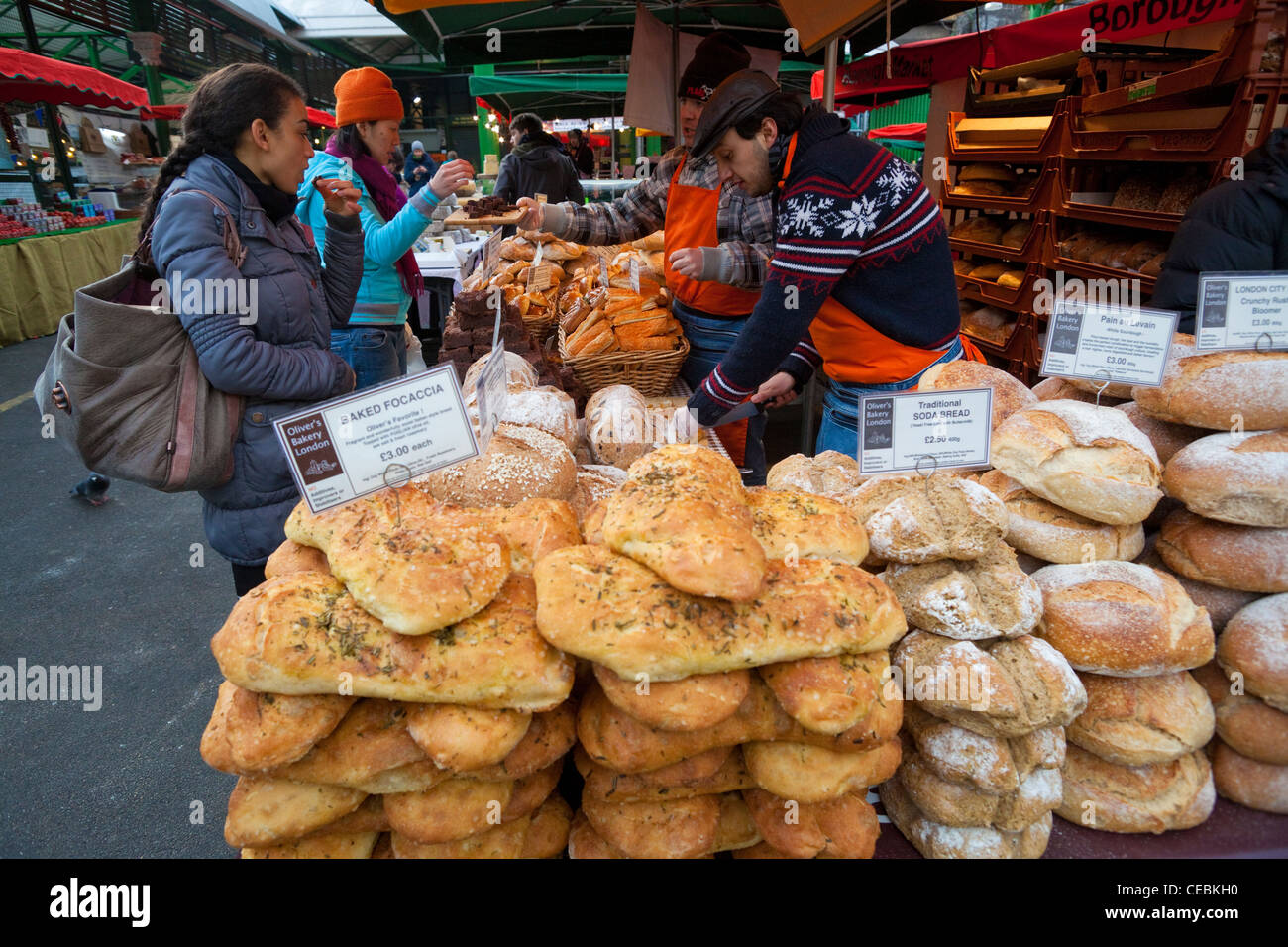 Bread on display on Oliver's Bakery stall, Borough Market, London, UK