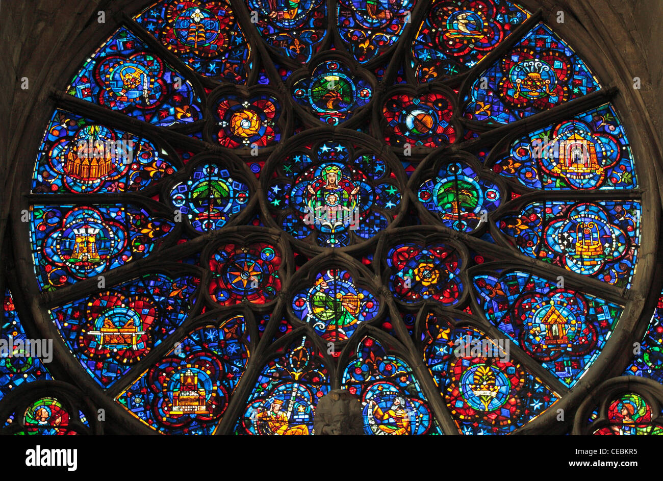 A stained glass window in the Cathedrale Notre Dame, Reims, France. (Notre-Dame de Reims (Our Lady of Rheims)). Stock Photo
