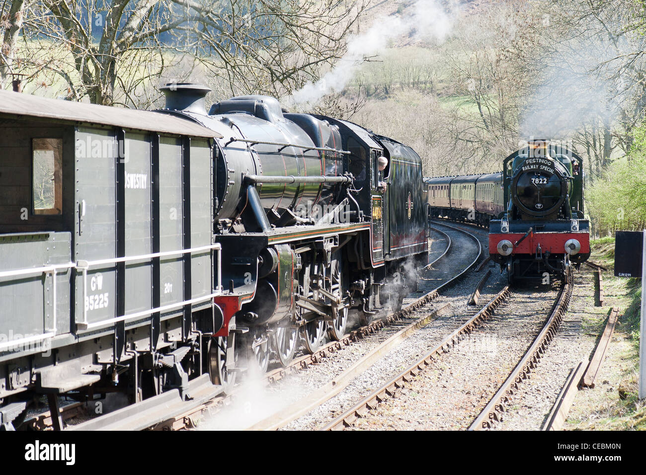 Steam pulling a train on the Llangollen Railway Stock Photo
