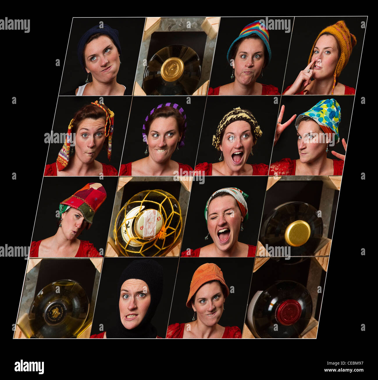 Funny Faces in the squares of a wine rack Stock Photo