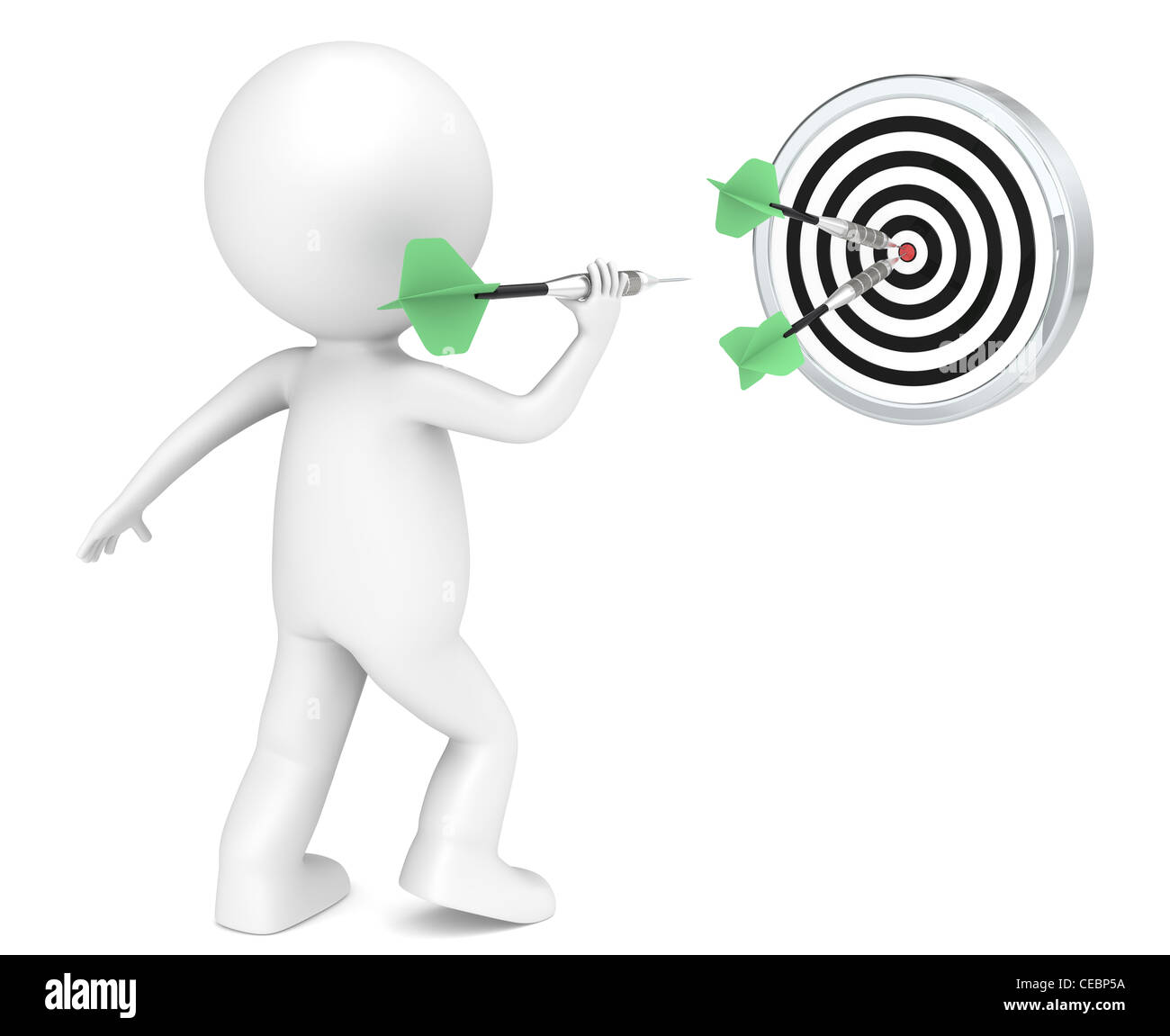 3D little human character throwing Dart. Green arrows. People series. Stock Photo