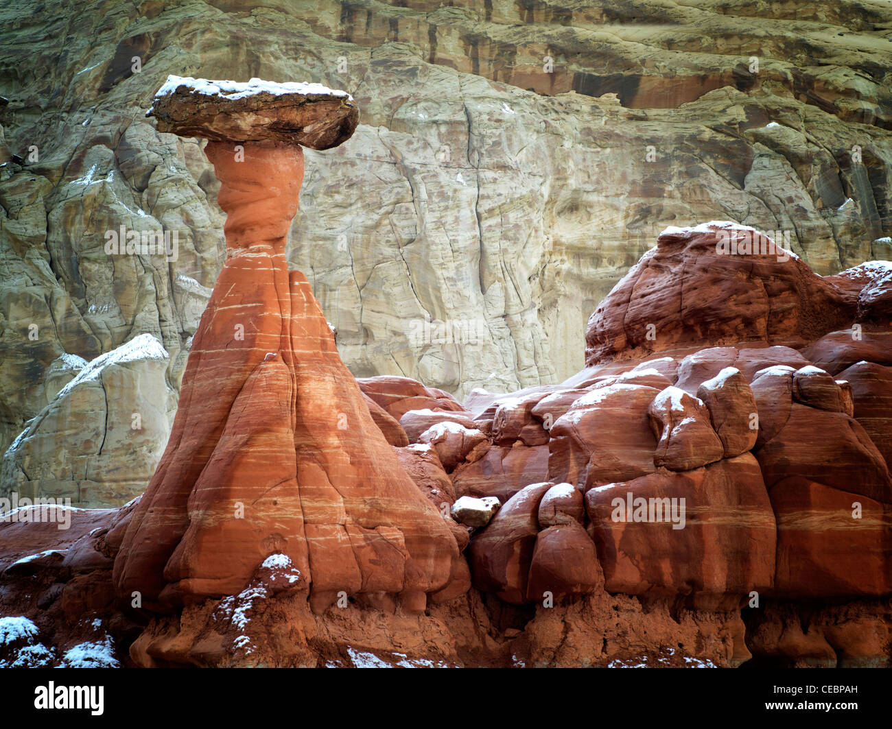 Hodoos with snow at Toadstool formation in Escalante Staircase National Monument, Utah Stock Photo