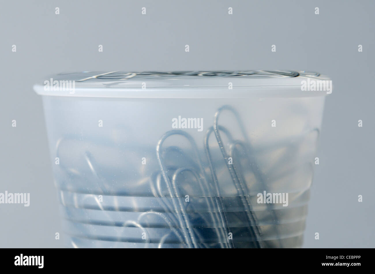 Water displaced above rim of cup by paper clips showing surface tension caused by cohesion between the polar water molecules Stock Photo