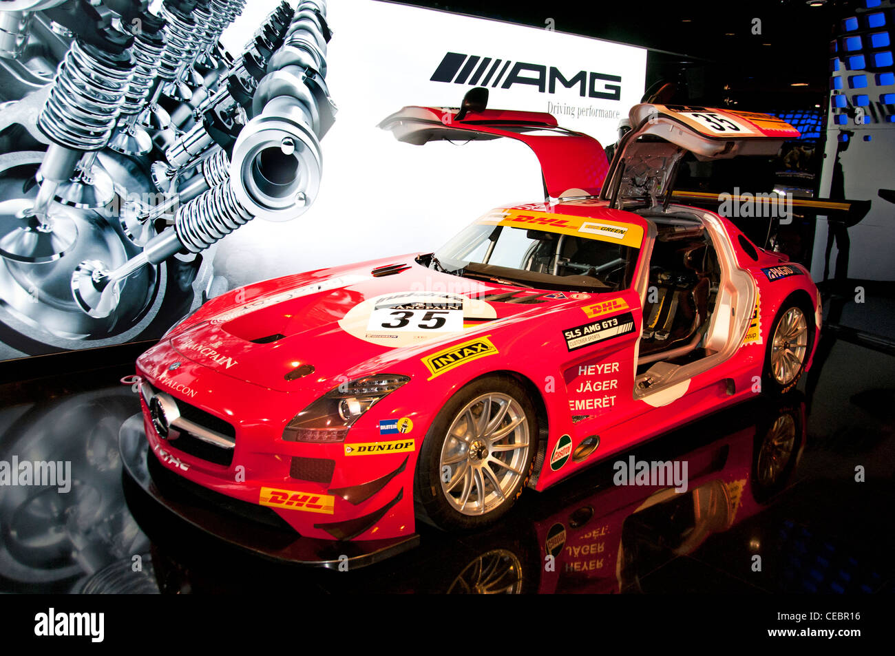 Mercedes Benz SLS AMG GT3 racing car Showroom Champs Elysees Paris Stock Photo