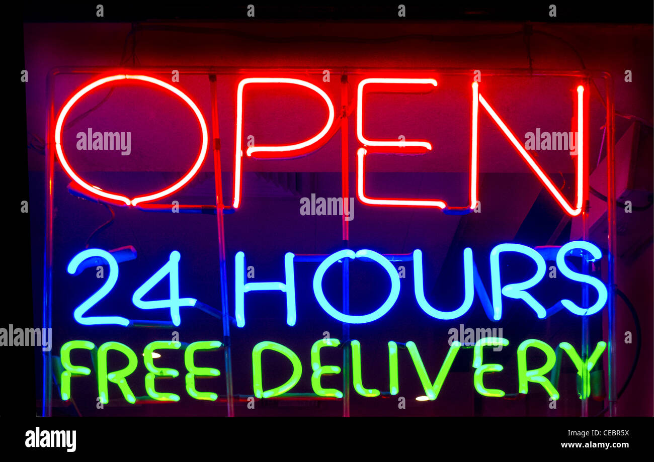 open 24 hours free delivery neon sign Stock Photo Alamy