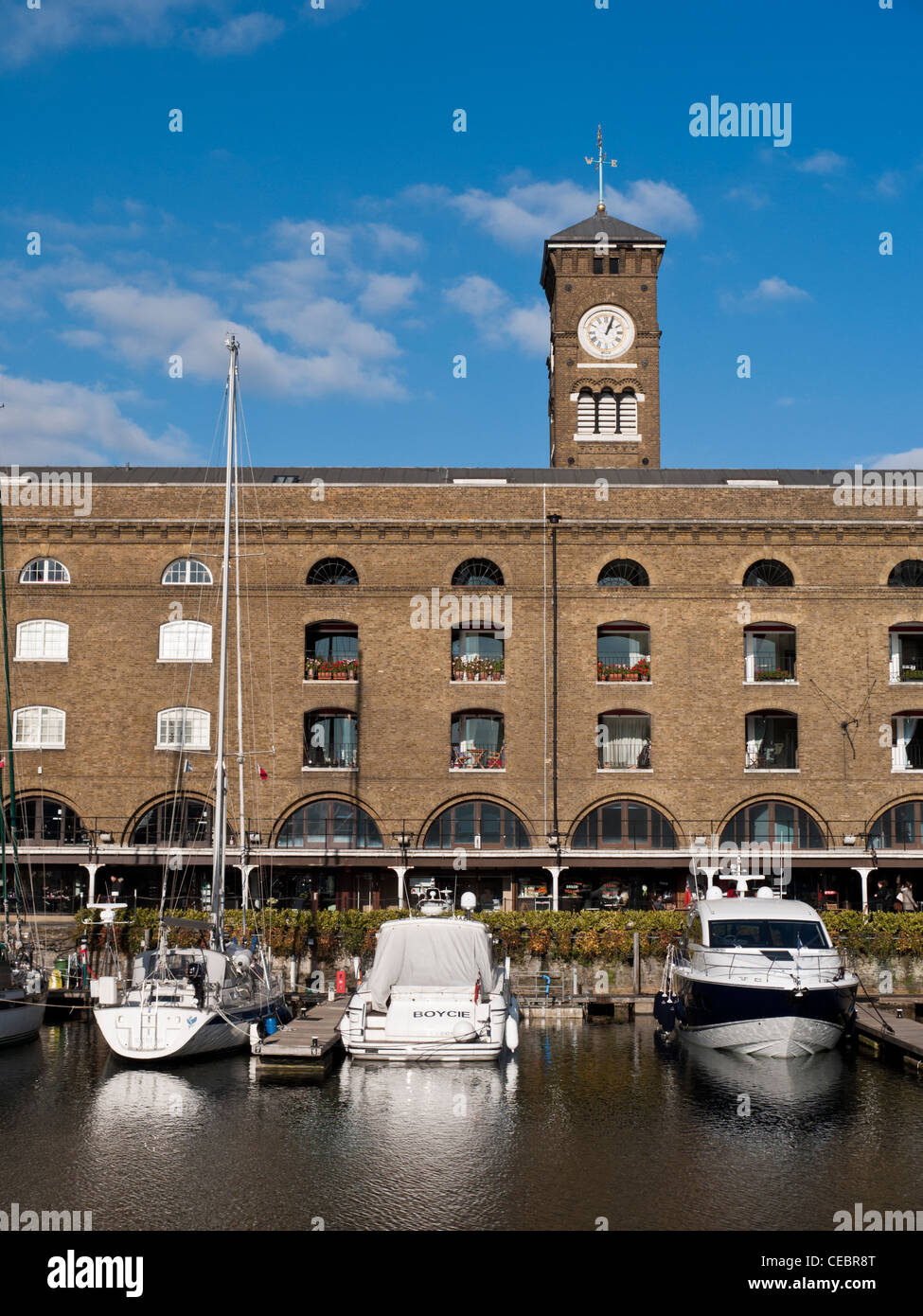 Boats and apartments at St. Katherine Dock, London, England Stock Photo