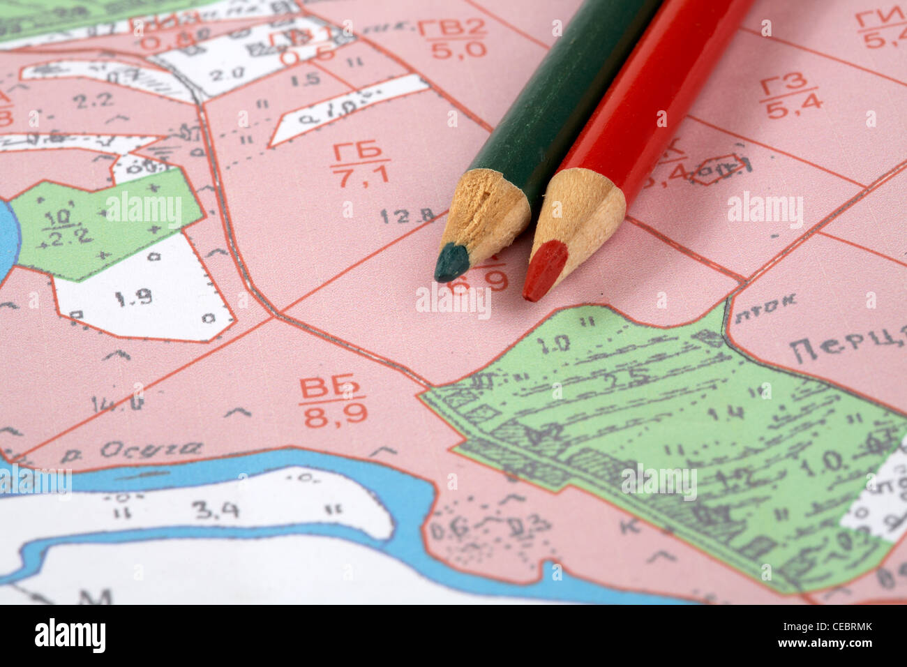 Topographic map and colour pencils Stock Photo