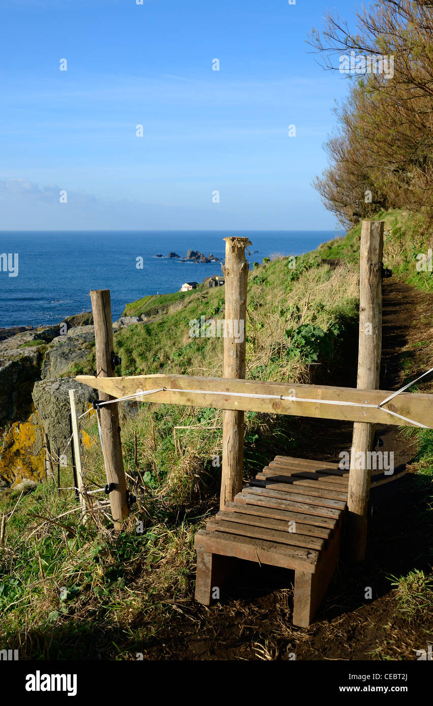 A stile on the south west coast path in Cornwall, UK Stock Photo