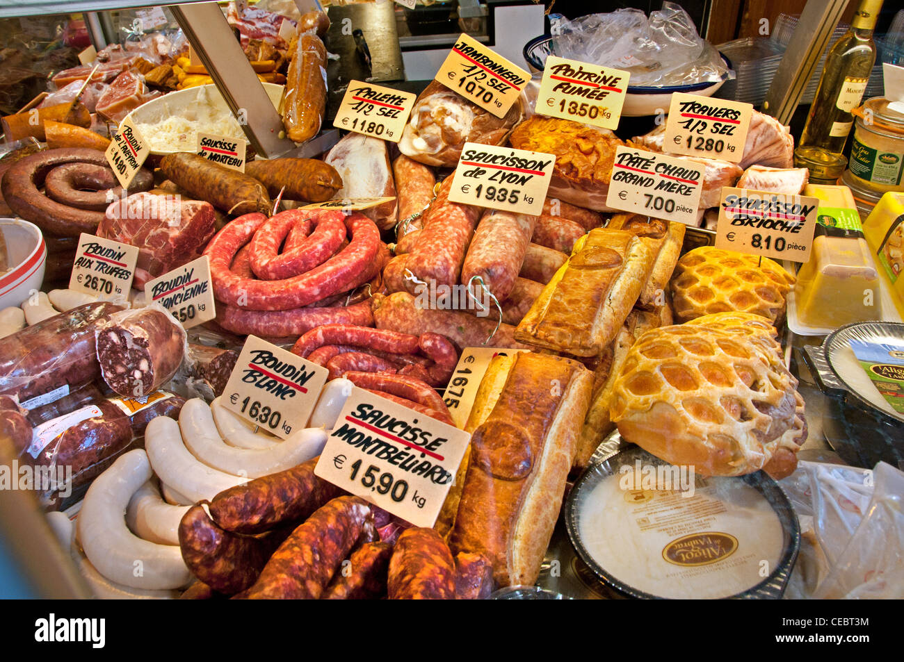 France Paris butcher delicatessen Traiteur Monge rue Mouffetard domestic caterer Stock Photo