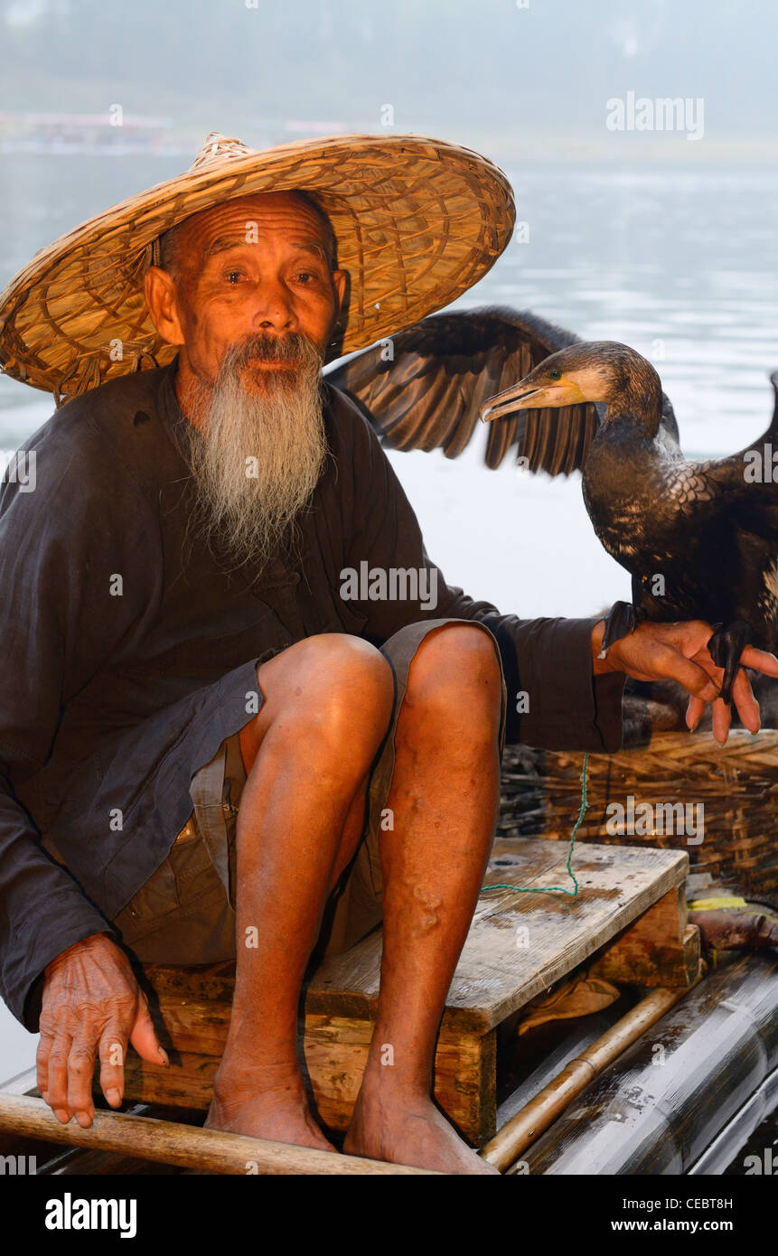 Cormorant fisherman holding bird on a bamboo raft on the Li river Huangbutan China Stock Photo