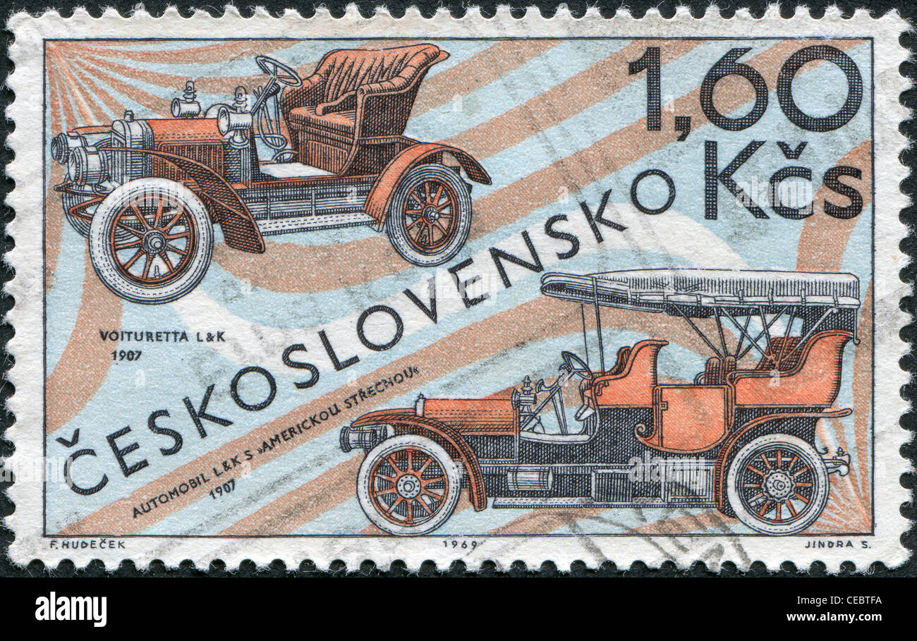A stamp printed in the Czechoslovakia, shows the Laurin and Klement Voiturette, 1907, and L and K touring car with American top, 1907, circa 1969 Stock Photo
