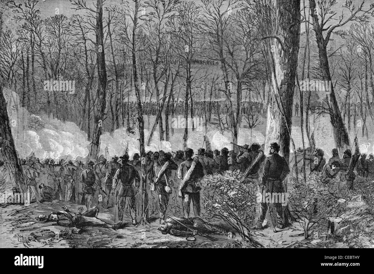 General Wadsworths division in action in the Wilderness, near the spot where the General was killed during USA Civil War, 1864 Stock Photo