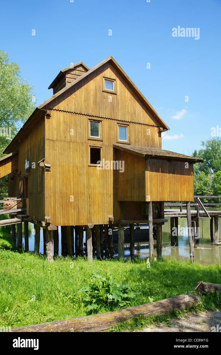 Wooden mill in Jelka. River Maly Dunaj. Slovakia. Stock Photo