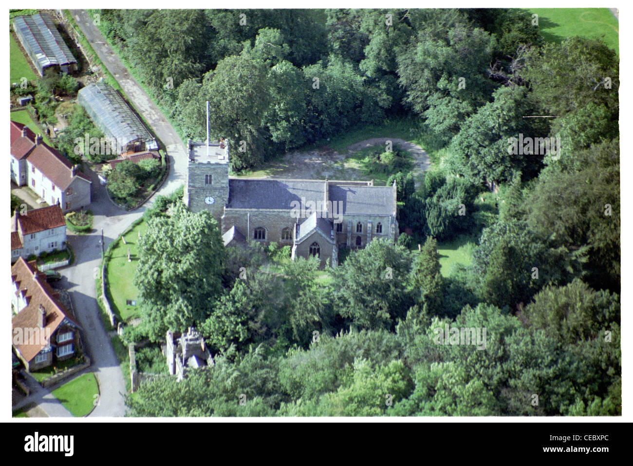 Oblique aerial view of historic church in South Cave, east Yorkshire, looking north, taken from a height of around 1000ft Stock Photo