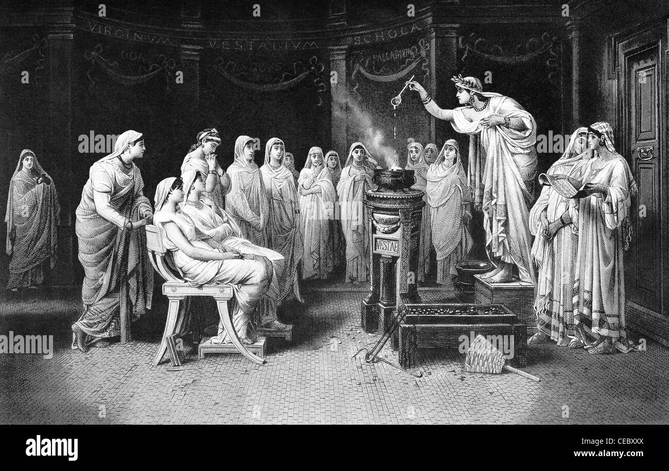 In ancient Rome, the Vestal Virgins honored the goddess of the hearth Vesta. Their main duty was to keep Vesta's fire going. Stock Photo