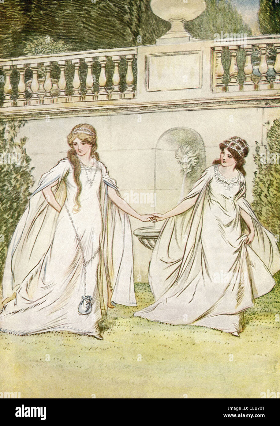 This image shows Rosalind fleeing her uncle&#39;s court for the Forest of Arden  with her cousin Celia Stock Photo - Alamy