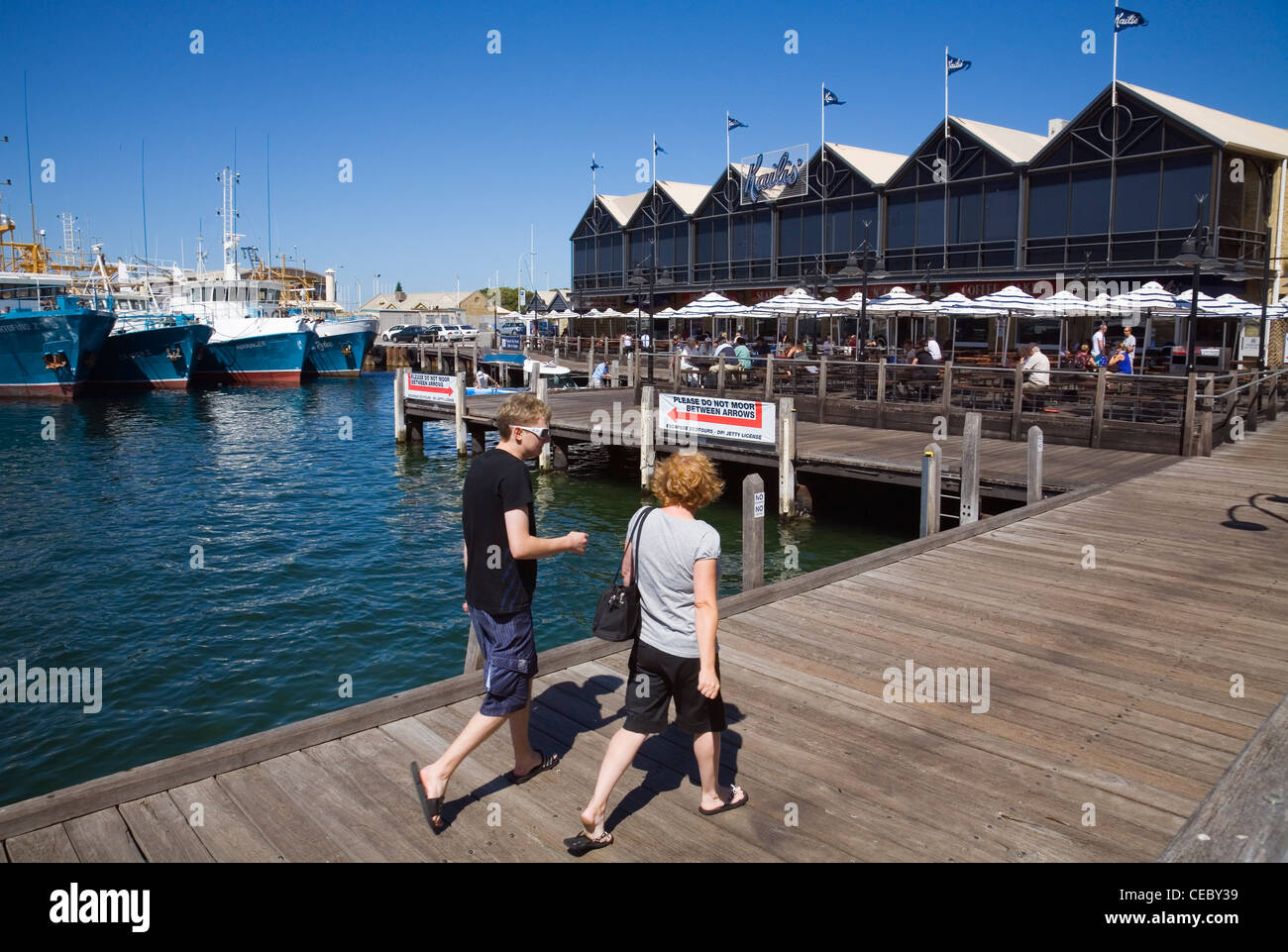 Fishing Boat Harbour - a popular spot for fresh seafood at the port town of Fremantle, Western Australia, AUSTRALIA Stock Photo