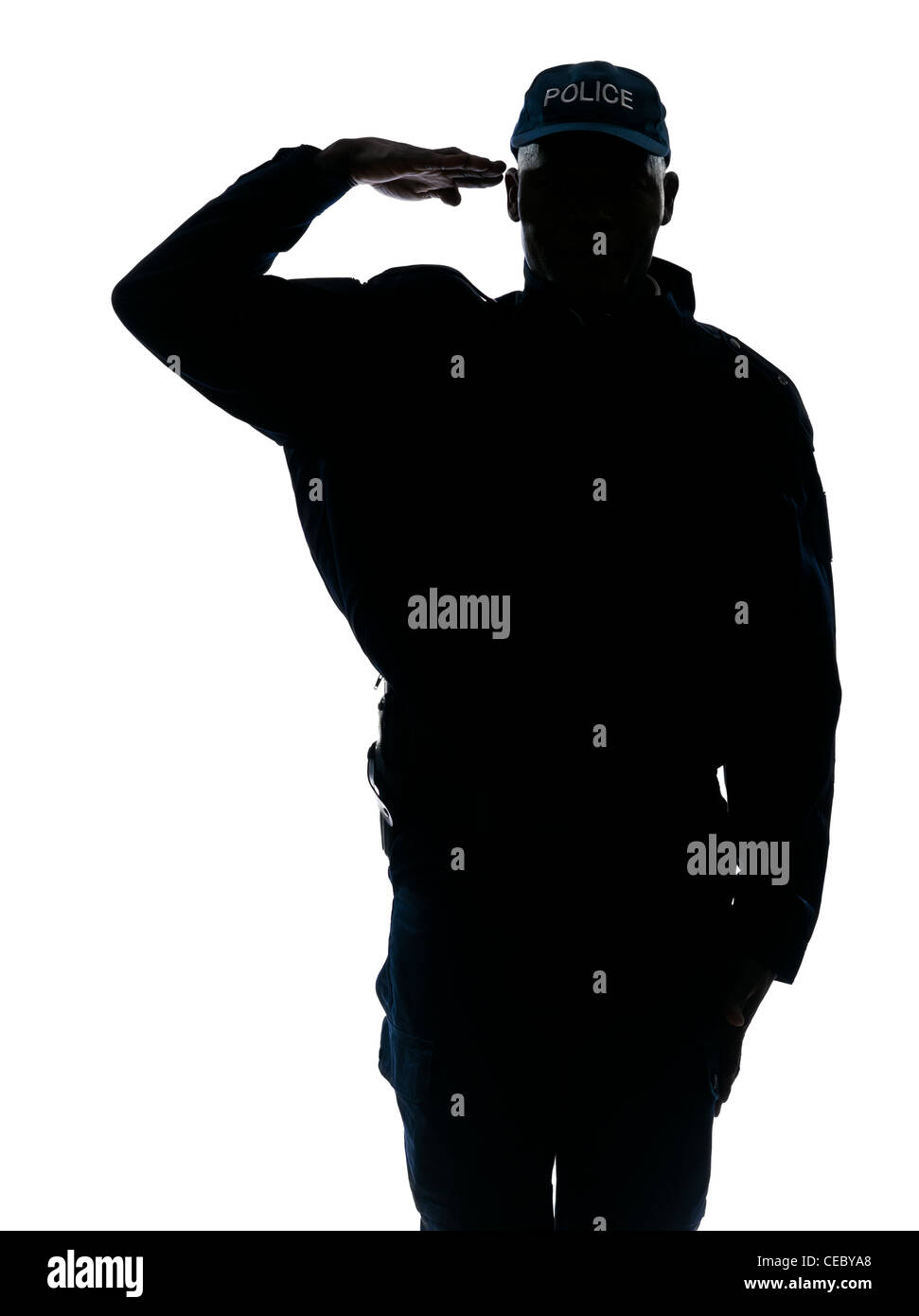 Silhouette one policeman saluting in studio on white isolated background Stock Photo