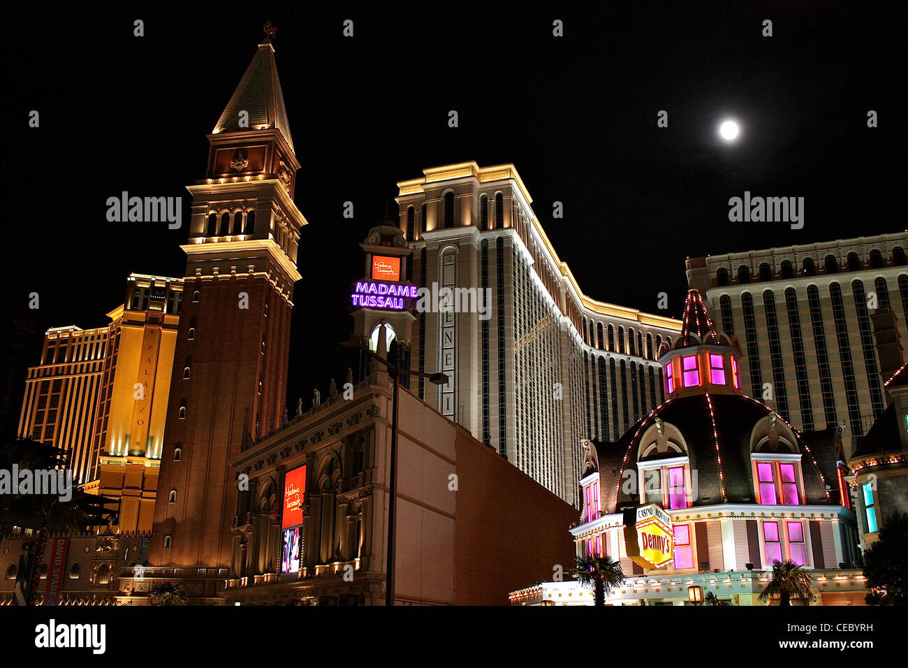 The Venetian hotel and casino and Casino Royale, under the moon, in Las Vegas Stock Photo