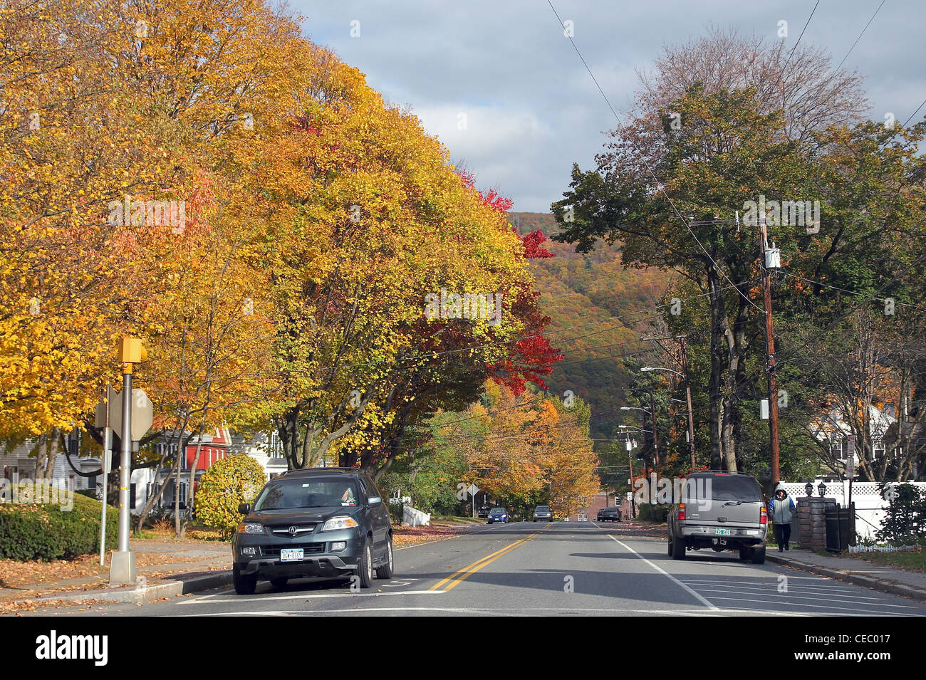 A street in autumn, Brattleboro, Vermont Stock Photo