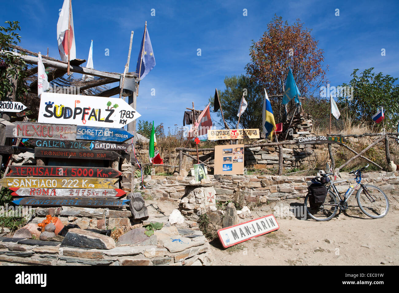 Signs at Manjarin, near the Cruz de Ferro on the Camino de Santiago Stock Photo