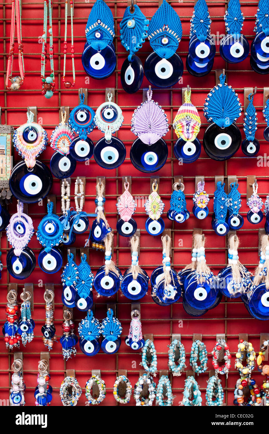 Turkish blue galss eyes, said to ward off evil, at Arasta Bazaar, Sultanahmet, Istanbul, Turkey Stock Photo