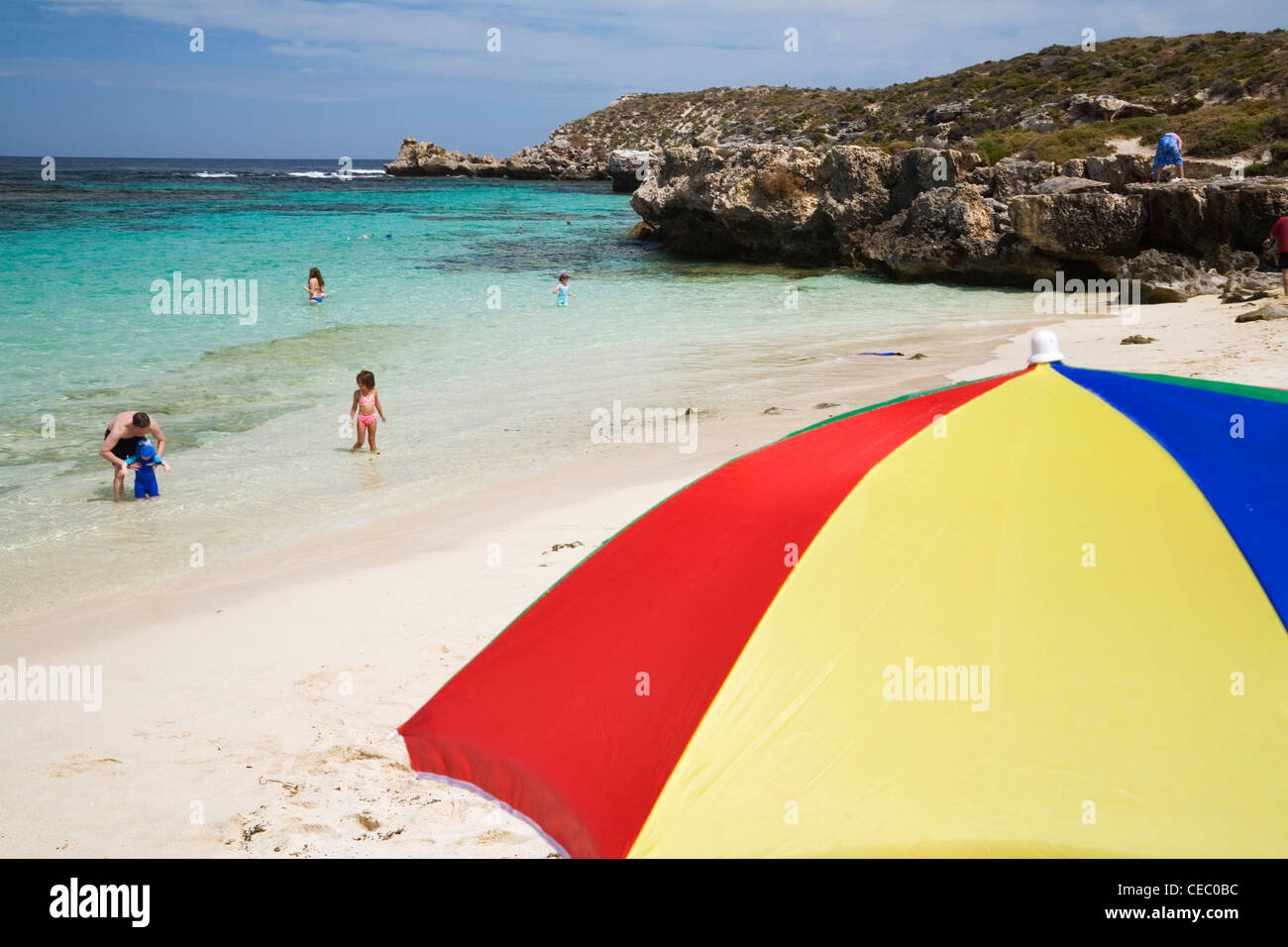 Beach umbrella at Little Salmon Bay on Rottnest Island, Western Australia, AUSTRALIA Stock Photo
