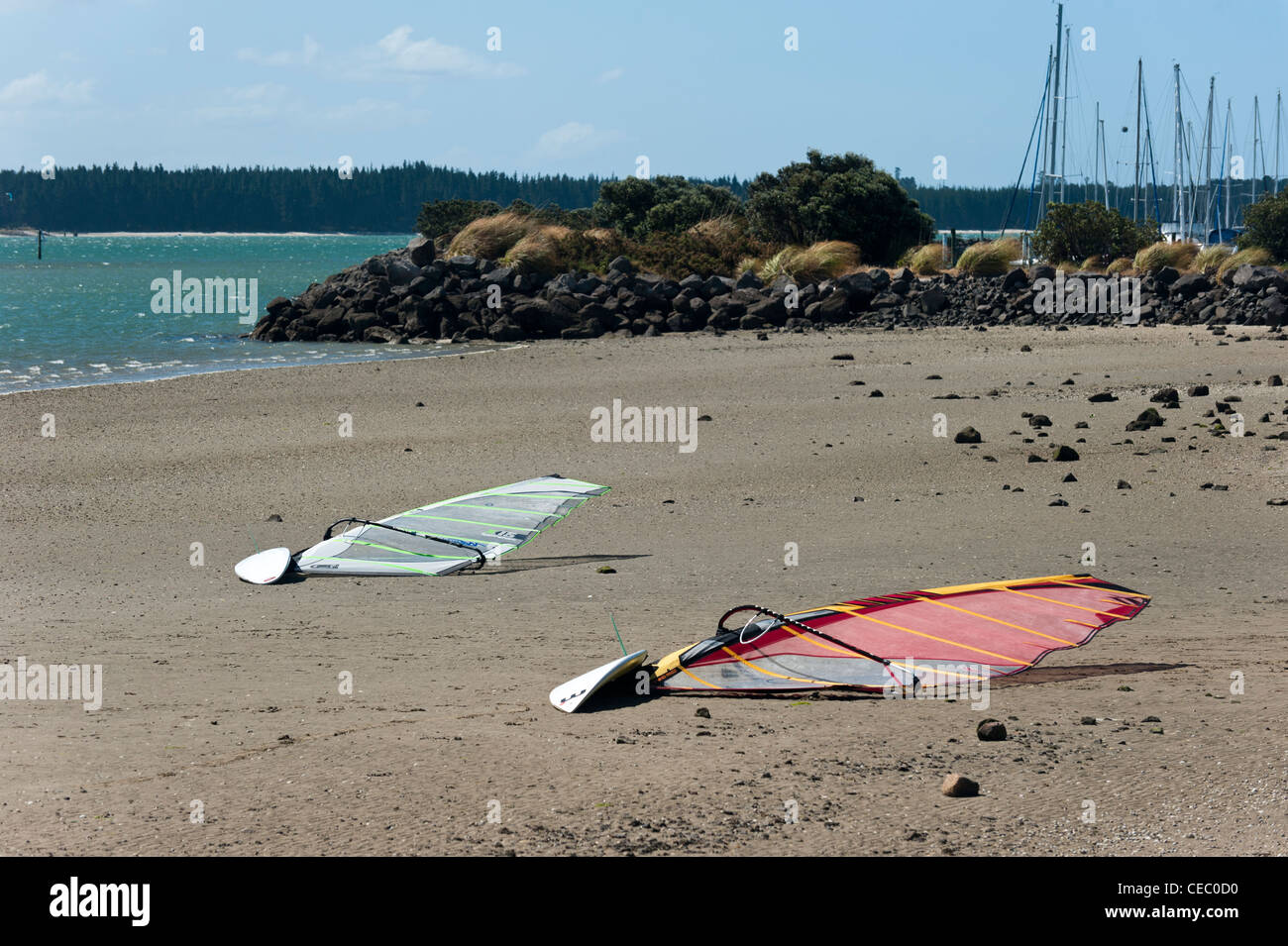 Two windsurfing boards and sails on the beach at Speed Creek (Tauranga Harbour) New Zealand Stock Photo