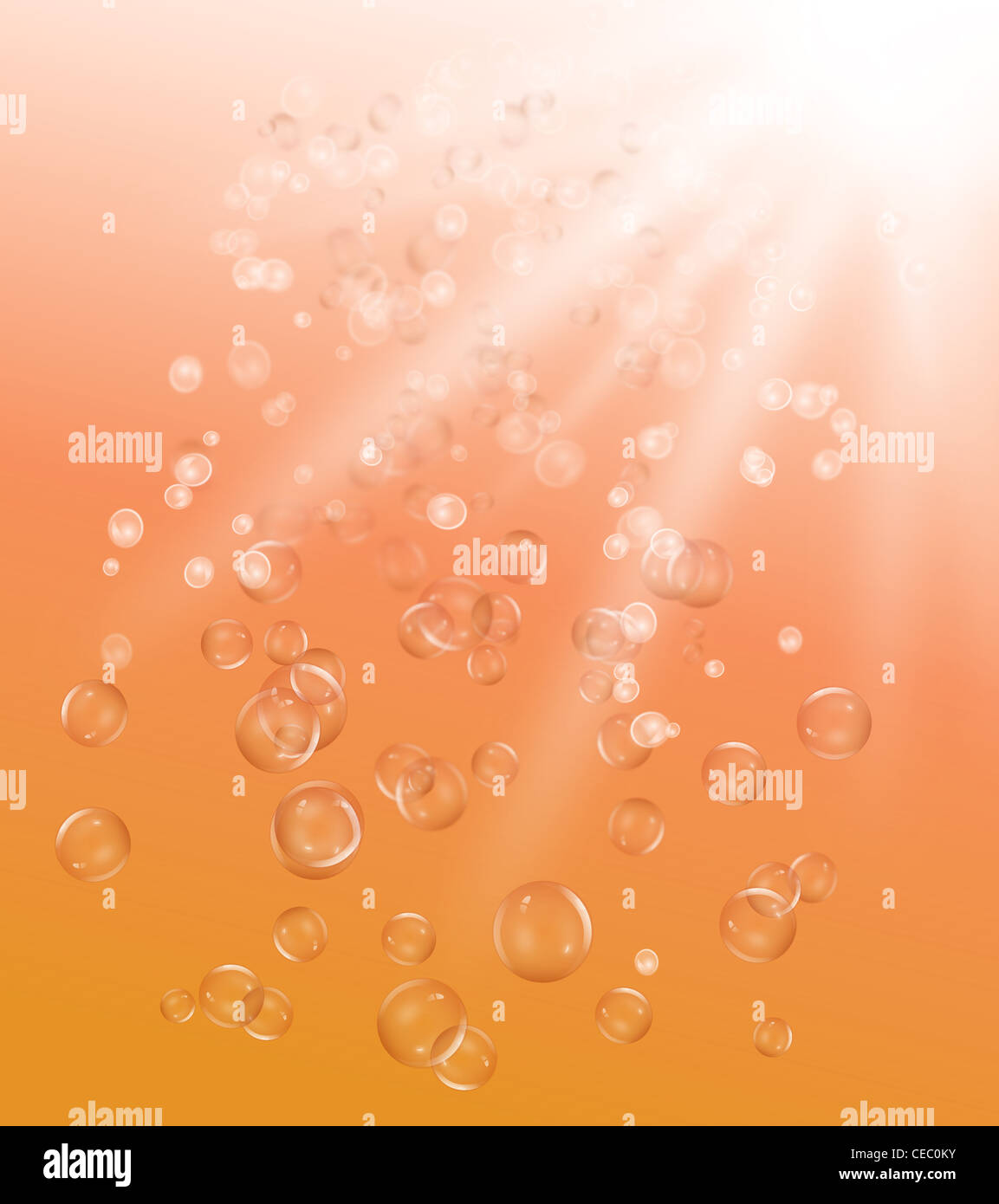 illustration depicting many air bubbles rising from the depths of a golden body of water towards the surface. Stock Photo