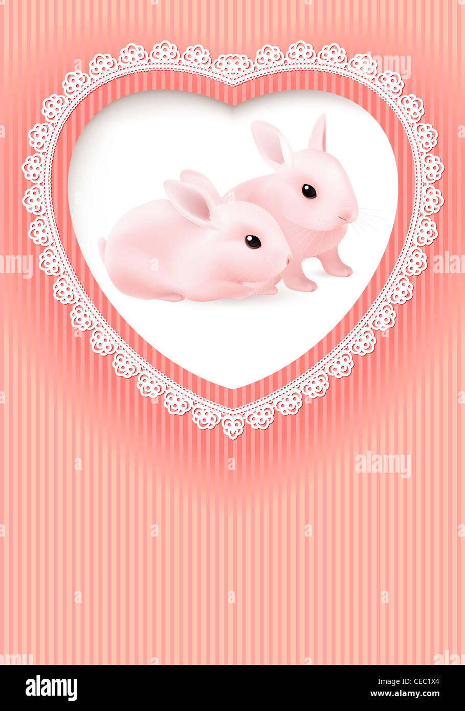 Greeting Card. Two Rabbits in a Heart on Pink background Stock Photo ...