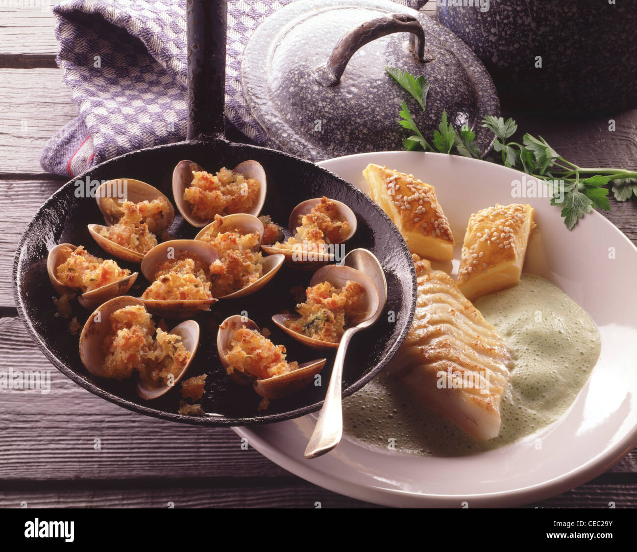 Still Clam shells au gratin with turbot Stock Photo Alamy