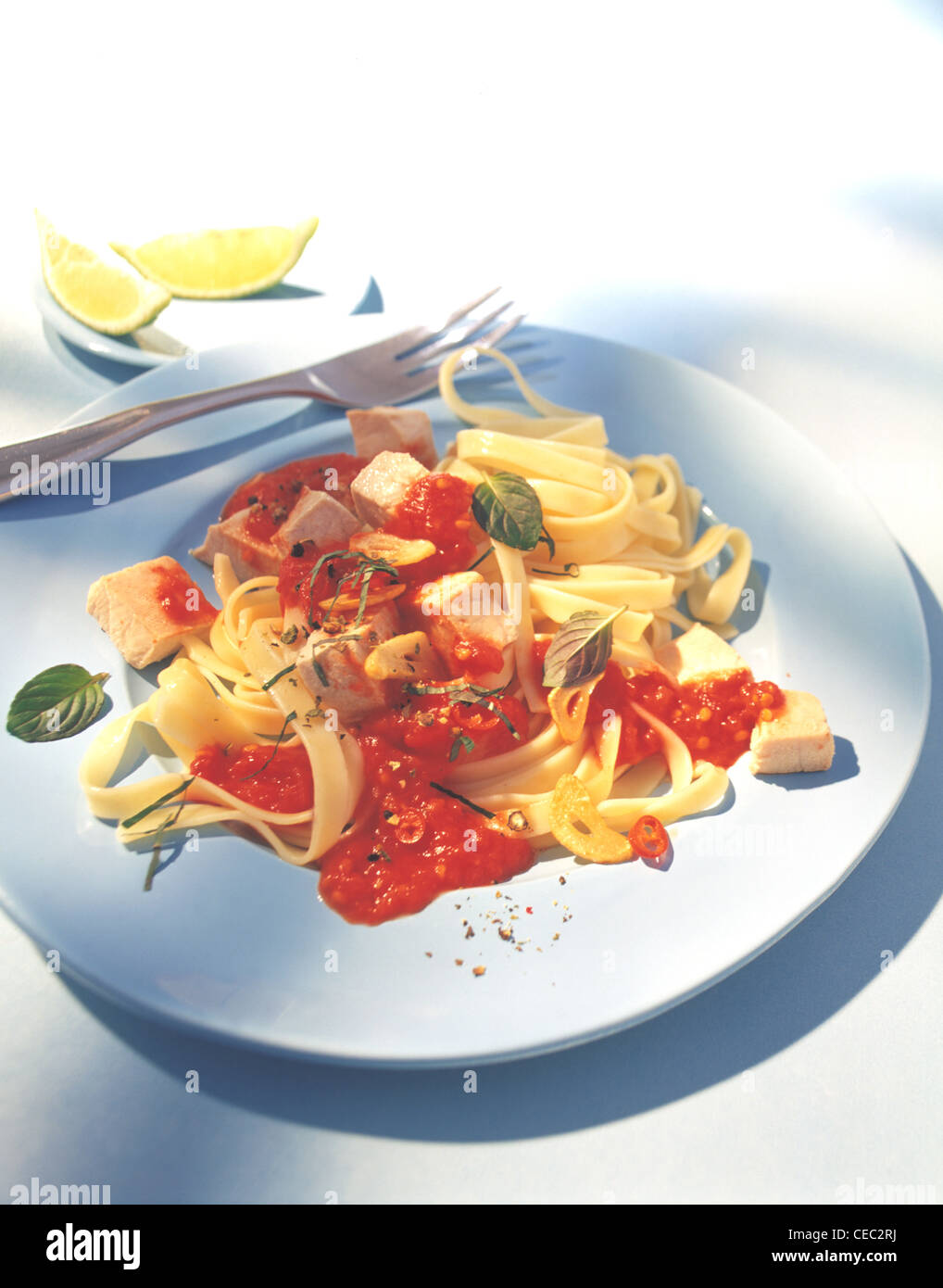 Ribbon noodles with sword fish (Fettuccine con sugo di pesce spada) Stock Photo