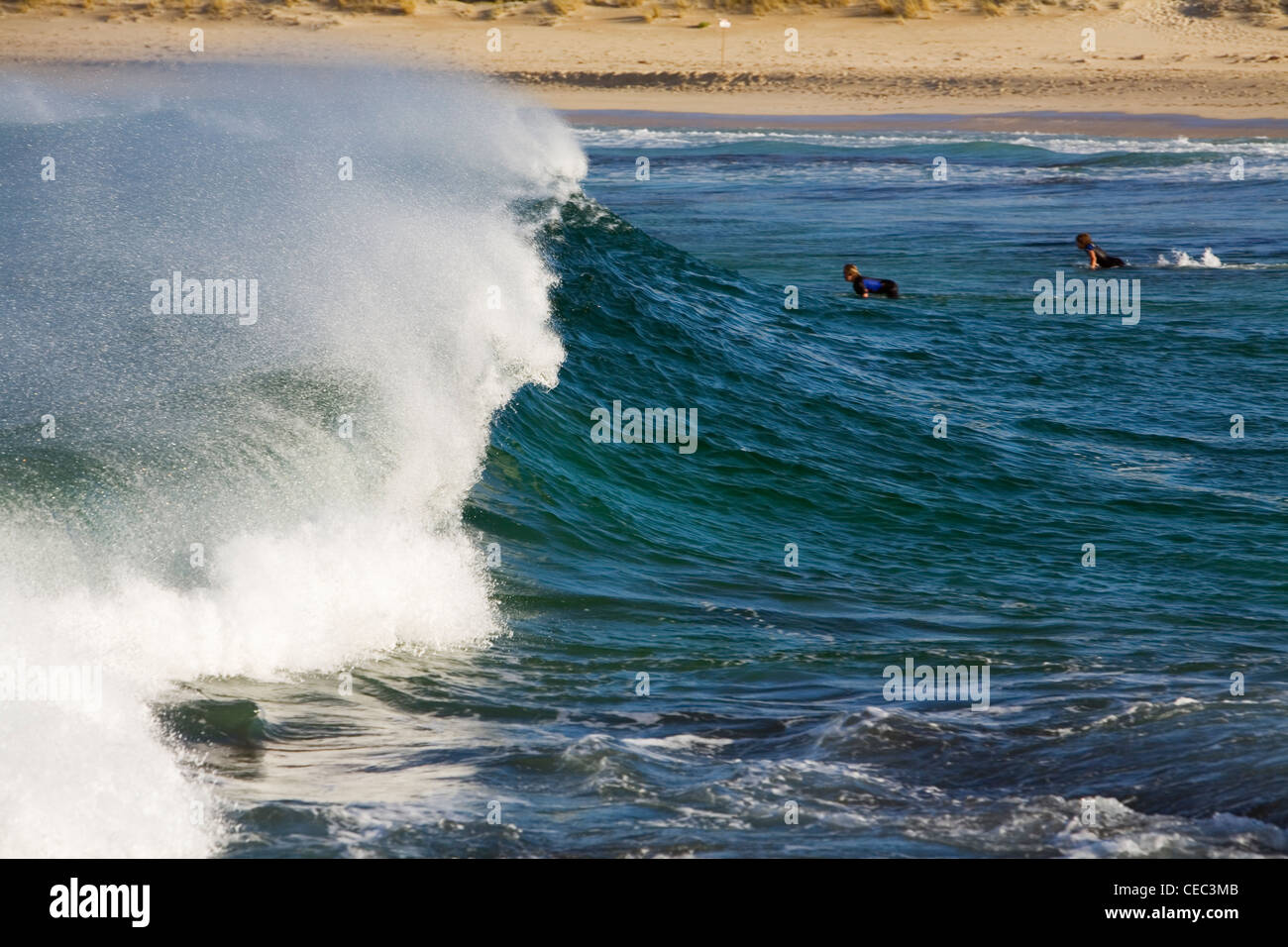 A wave rolls in for waiting surfers at Margaret River Mouth. Margaret River, West Australia, AUSTRALIA Stock Photo