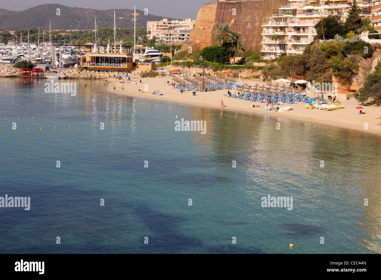 Scene looking westwards over Portals beach and Puerto Portals Marina, Calvia, South West Mallorca / Majorca Stock Photo